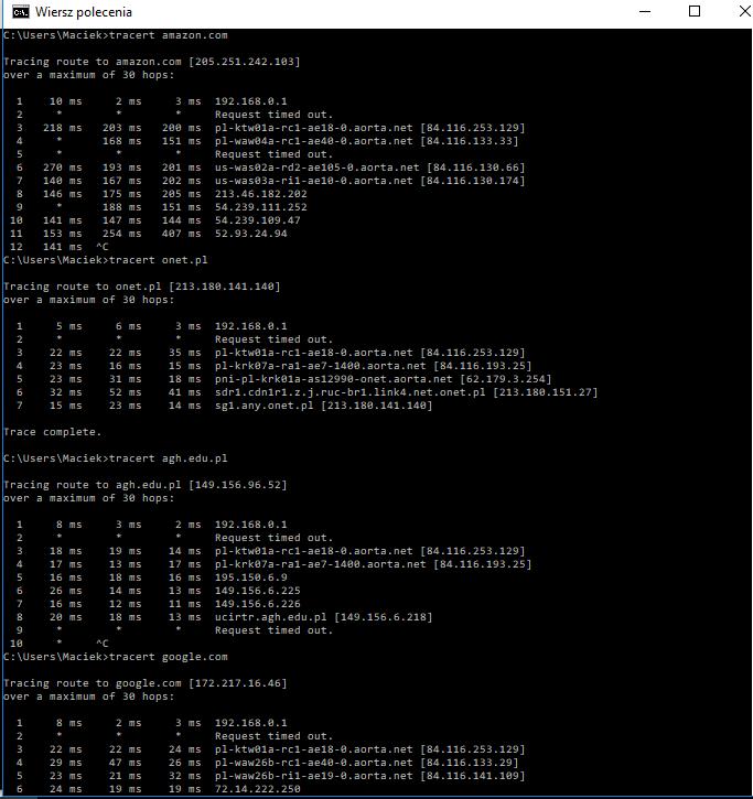 Polecenie tracert pokazuje trasę jaką muszą pokonać pakiety danych aby dotrzeć z komputera do wskazanej strony www lub hosta.