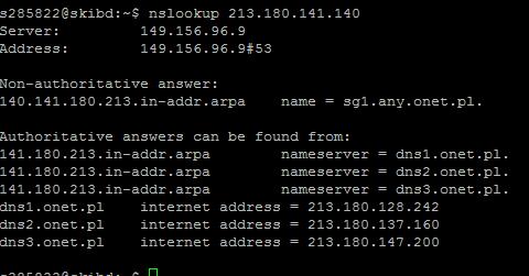 5. Korzystając z polecenia ping możemy dokonać translacji nazwy serwera do postaci numerycznej. Translacji odwrotnej dokonujemy korzystając z polecenia ping -a, tak jak prezentuję to poniżej.