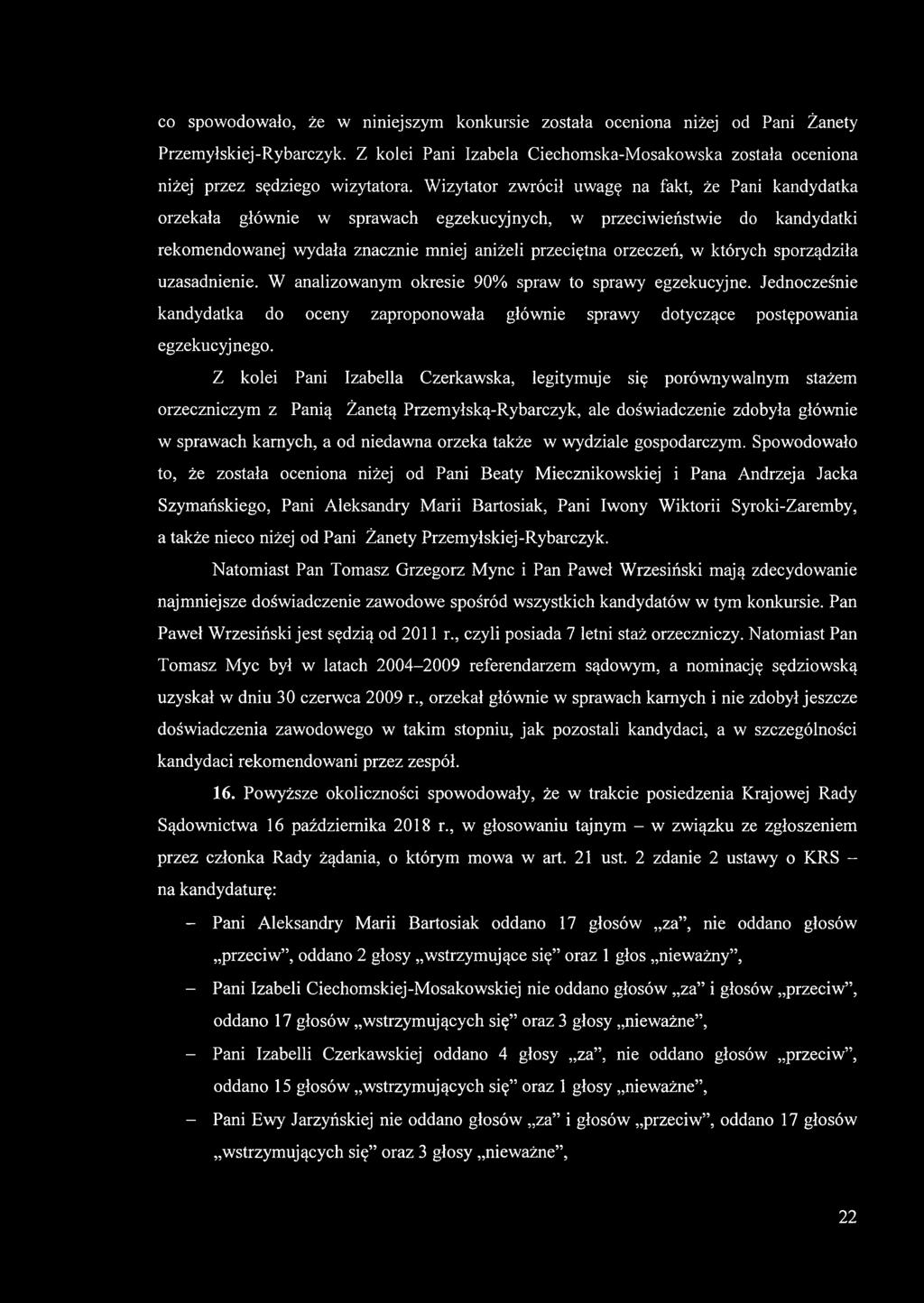 których sporządziła uzasadnienie. W analizowanym okresie 90% spraw to sprawy egzekucyjne. Jednocześnie kandydatka do oceny zaproponowała głównie sprawy dotyczące postępowania egzekucyjnego.