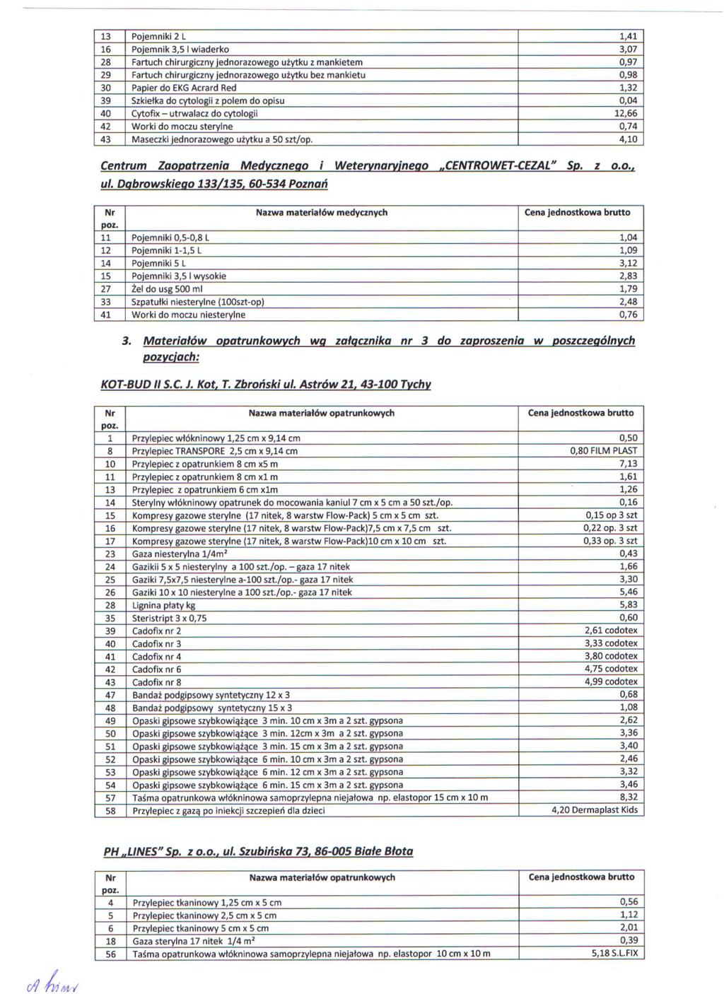 13 Pojemniki 2 L 1,41 16 Pojemnik 3,5 1 wiaderko 3,07 28 Fartuch chirurgiczny jednorazowego użytku z mankietem 0,97 29 Fartuch chirurgiczny jednorazowego użytku bez mankietu 0,98 30 Papier do EKG
