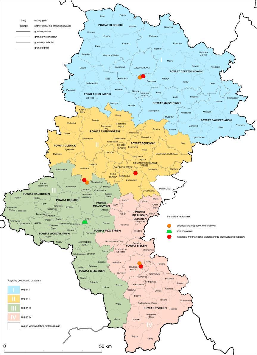 Proponowany podział województwa na regiony wraz z istniejącymi RIPOK: Region I, Region II, Region III, Region IV.