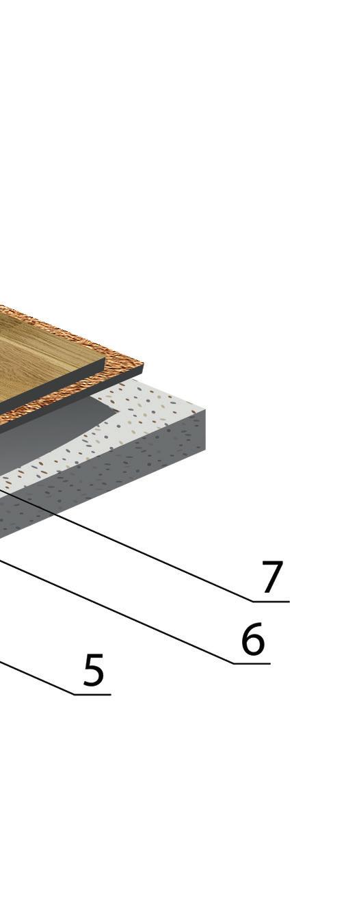 Składowe systemu 1. Podkład cementowy / anhydrytowy 2. Folia paroizolacyjna 3. Legar sklejkowy 18x75mm (rozstaw osiowy co 312,5mm) 4.