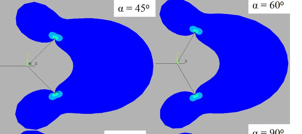 aproksymowano w każdym przypadku następuącą funkcą: u α ) = ( A x 3 + B x 2 + C x + D ) b x (1) które współczynniki zależne od kąta α: A, B, C, D, dopasowywano za każdym razem metodą namnieszych