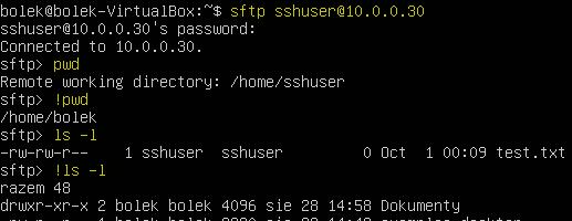 4. Połącz się z zasobem sftp na zdalnym serwerze (sftp sshuser@10.0.0.30). 5. Pokaż aktualny katalog na zdalnym serwerze (pwd). 6. Pokaż aktualny katalog na serwerze lokalnie (!pwd). 7.