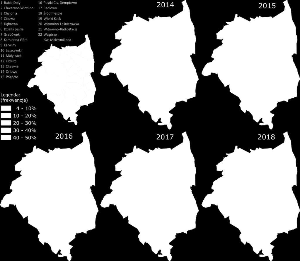 Wykres 17. Frekwencja w głosowaniu w BO w latach 2014-2018 (w podziale na dzielnice).