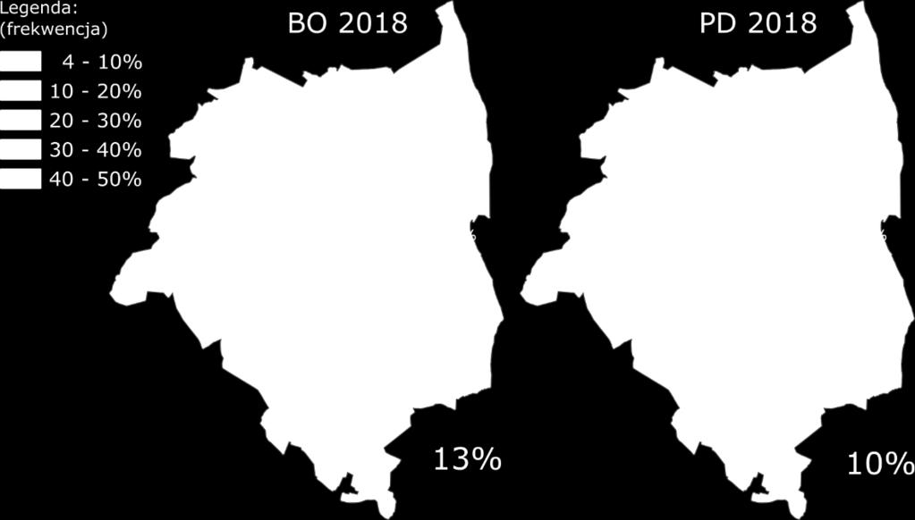 Wykres 18. Frekwencja w głosowaniu w BO i PD w 2018 r. (w podziale na dzielnice).