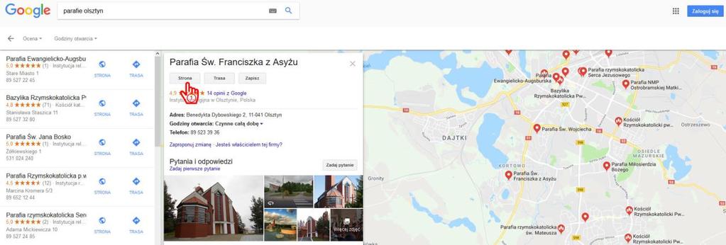 [4/22] Opinie Google Rysunek 5. Opinie Google Parafia Św. Franciszka z Asyżu w Olsztynie Na ekranie pojawiło się okno z opiniami użytkowników na temat wybranej parafii (1).