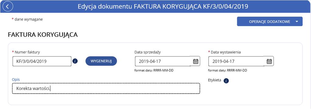 6.1.4 Wpisujemy numer faktury korygującej wg.