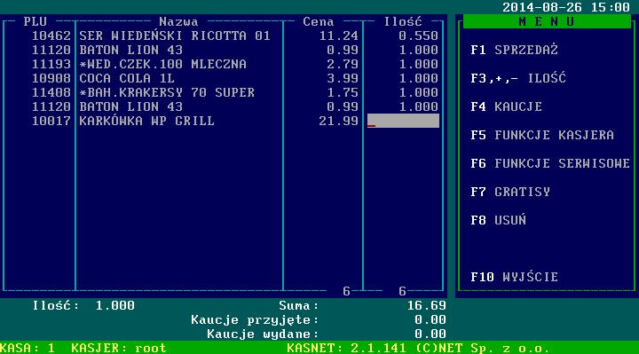 Opis funkcji menu 3. F4 - Kaucje Po wciśnięciu klawisza F4 zostanie wyświetlone okno z dostępnymi kaucjami: Rysunek 4.3. Okno z dostępnymi kaucjami Jeśli towar dodany do paragonu posiada kaucję to automatycznie zostanie zwiększona ilość kaucji wydanych razem z tym towarem.