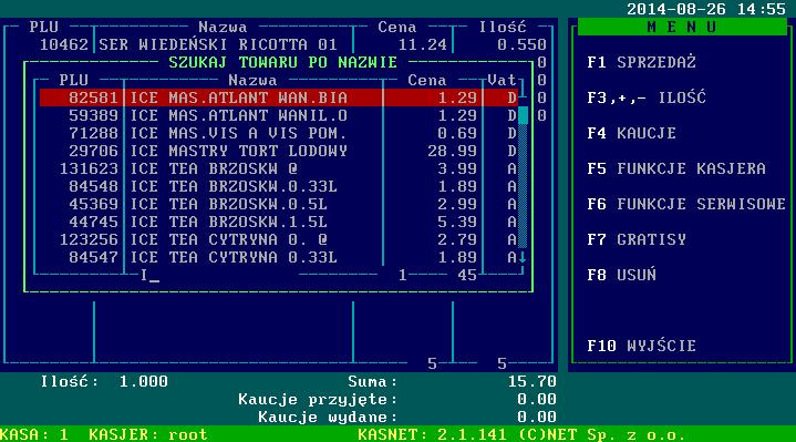 Obsługa stanowiska kasjerskiego Rysunek 3.3. Szukanie po nazwie 3.3. Podanie kodu towaru (PLU) Wciśnięcie cyfry spowoduje, że program automatycznie pokaże okienko do wprowadzenia kodu towaru.