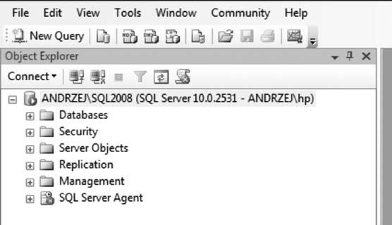 < 16 > Informatyka + 3. Po poprawnym wpisaniu powyższych wartości uruchomione zostanie oprogramowanie i pojawia się okna SQL Server Menagement Studio (rys. 17). 4.