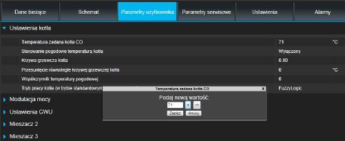 W celu modyfikacji wybieramy odpowiednią nazwę parametru, klikamy na parametr, w dodatkowym pojawiającym się oknie wpisujemy nową wartość parametru i zatwierdzamy przyciskiem [Zapisz].