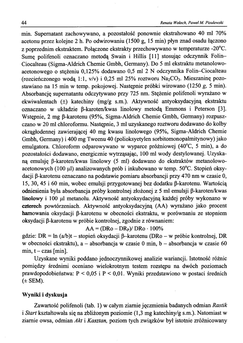 44 Renata Włch, Paweł M. Pisułewski min. Supernatant zachwywan, a pzstałść pnwnie ekstrahwan 40 ml 70% acetnu przez klejne 2 h.