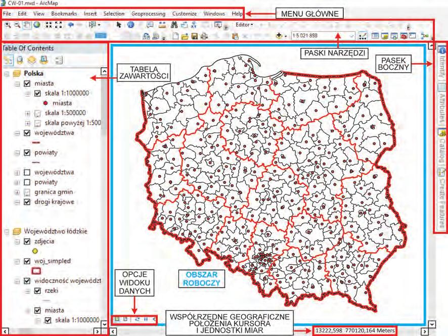 Zagadnienia wstępne 11 Widok danych (Data View) to podstawowy widok w aplikacji ArcMap i ArcReader służący do eksploracji i wyświetlania danych oraz definiowania zapytań przestrzennych.