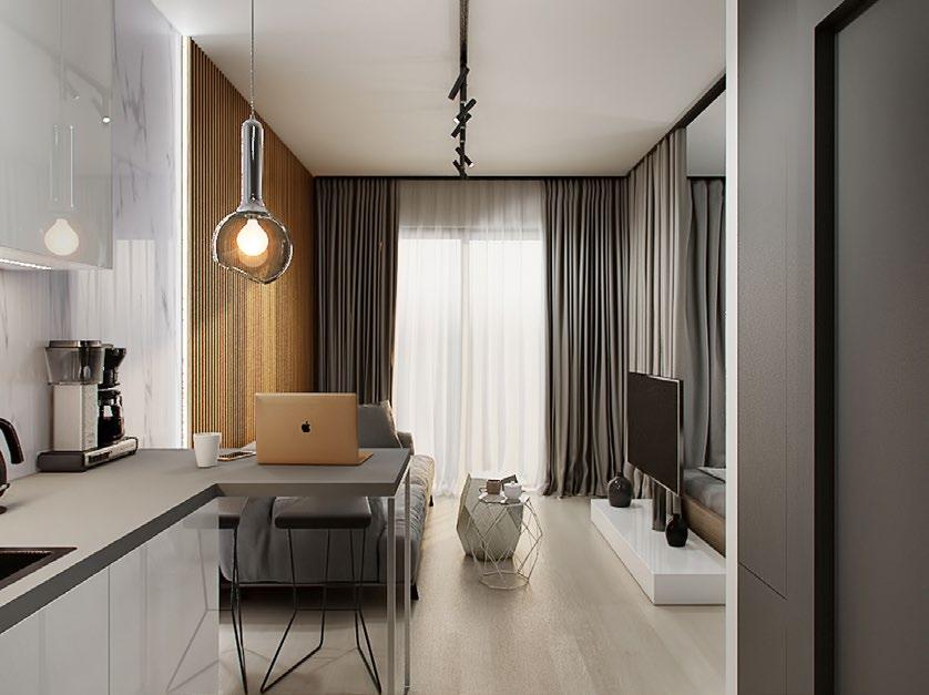 praktyczne studio o powierzchni 27 m² ze strefą wypoczynkową, aneksem sypialnianym i częścią kuchenną, wygodne apartamenty o powierzchni 32