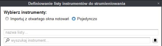 W przypadku gdy, w aplikacji nie ma otwartego żadnego okna z tabelą notowań, będzie wyświetlać się następująca treść: W chwili obecnej nie ma w aplikacji ani jednego otwartego okna z tabelą notowań.