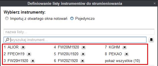 Rys. 8. Lista wybranych instrumentów. Kolejnym krokiem jest uzupełnienie obszaru o nazwie Wybierz zakres informacji.