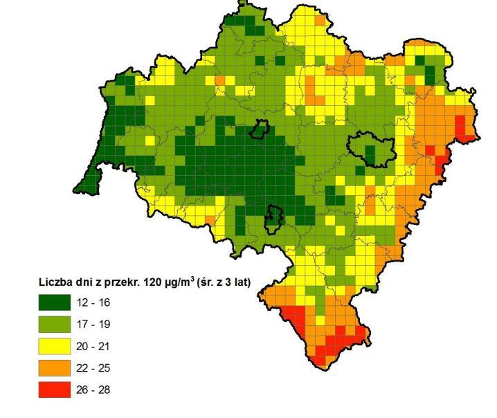 Rys. 21 Rozkład liczby dni z przekroczeniami dopuszczalnych dobowych stężeń 8- godzinnych ozonu na terenie województwa dolnośląskiego w 2015 roku.