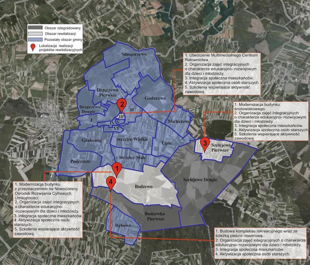 RYSUNEK 12: LOKALIZACJA REALIZACJI PROJEKTÓW NA OBSZARZE REWITALIZACJI I OBSZARZE ZDEGRADOWANYM. Źródło: Opracowanie własne na podstawie www.geoportal.gov.pl. 13.2. KOMPLEMENTARNOŚĆ PROBLEMOWA Proponowane przedsięwzięcia rewitalizacyjne zostały zaplanowane, w sposób wzajemnie się dopełniający.