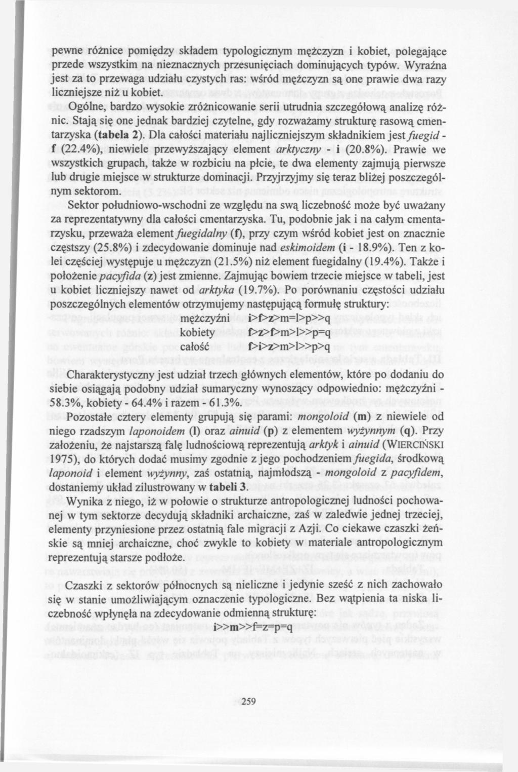 pewne różnice pomiędzy składem typologicznym mężczyzn i kobiet, polegające przede wszystkim na nieznacznych przesunięciach dominujących typów.