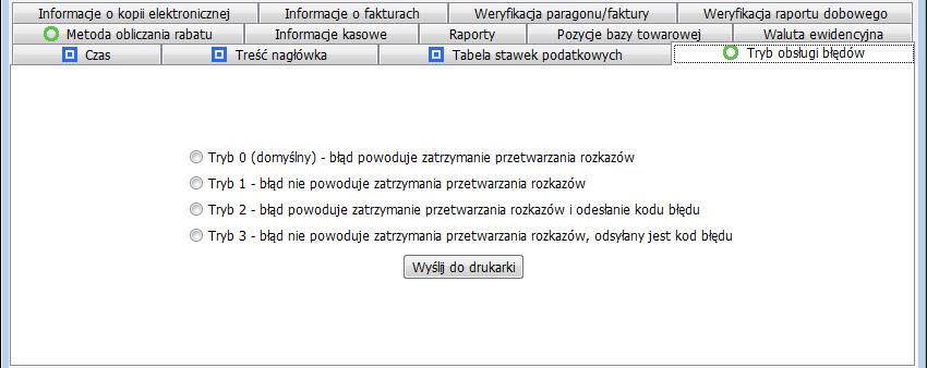 Tryb obsługi błędów Wykonaj poniższe kroki, aby ustawić tryb obsługi błędów przez drukarkę. Otwórz kartę [Tryb obsługi błędów].