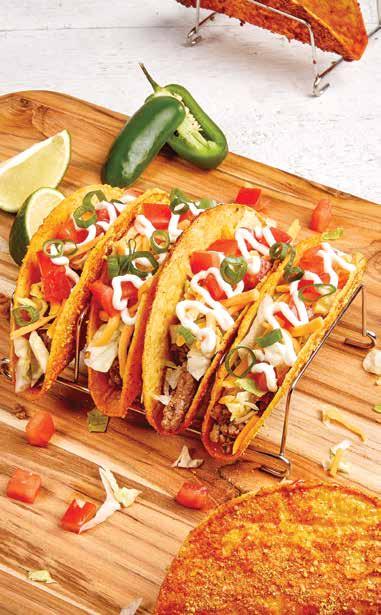 SUPER NACHO TACOS SUPER NACHO TACOS 8 porcji 8 twardych placków Taco Shells (chrupiące tortille kukurydziane, gotowy produkt) ½ szklanki miodu 1 paczka przyprawy Taco 1 paczka sera w proszku (lub