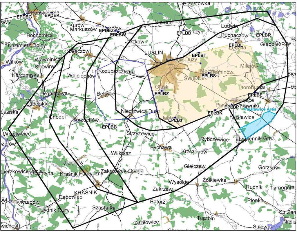 2.5 Schemat rejonu lotów FAJSŁAWICE AREA i punkty wlotowe VFR do CTR EPLB UWAGA: