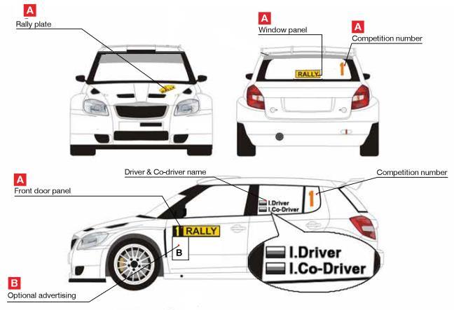 Appendix 4 Decals and positioning of supplementary advertising The organizers will provide each crew with (A): One plate fitting into a rectangle (43cm x 21,5cm) which include the competitor number.