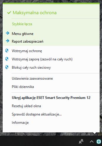 4.7.4 Menu programu Dostęp do części najważniejszych opcji konfiguracji oraz funkcji można uzyskać po kliknięciu prawym przyciskiem myszy ikony na pasku zadań.