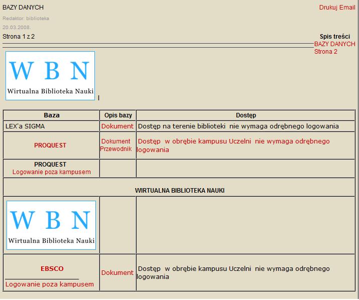 Na kolejnej stronie znajduje się lista baz udostępnianych przez Bibliotekę. UWAGA!