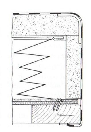 Zadanie 6. Na rysunku przedstawiono przekrój układu tapicerskiego. Zgodnie z tą dokumentacją na warstwę wyściełającą należy użyć A. B. C. D. pianki poliuretanowej. wyczeski bawełnianej.