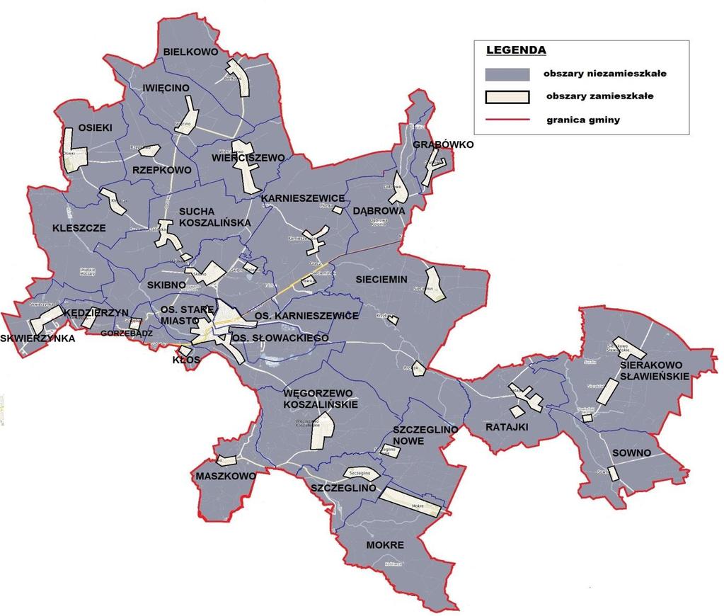 Poniższa mapa przedstawia tereny zamieszkałe i niezamieszkałe w podziale na jednostki analityczne.