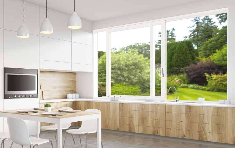 Przesuwne Roto Patio Inowa w kuchni: otwarte okno nie wchodzi w kolizję z baterią Roto Patio Inowa: stylowe wykończenie Roto Patio Inowa to duże przeszklenia w eleganckim designie o
