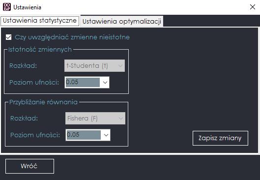 (j) Okno ustawień z zakładką ustawień dotyczących parametrów statystycznych.