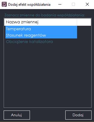 (g) Okno dodawania nowej zmiennej (głównej). (i) Okno dodawania nowej zmiennej ułamkowej. (h) Okno dodawania efektów współdziałania.