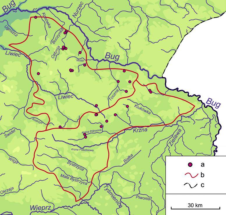WyBRANE ASPEKTy WCZESNOŚREDNIOWIECZNEGO OSADNICTWA RóWNINy ŁUKOWSKIEJ I WySOCZyZNy SIEDLECKIEJ Ryc. 4. Mapa poglądowa rozmieszczenia stanowisk archeologicznych z vi vii w.