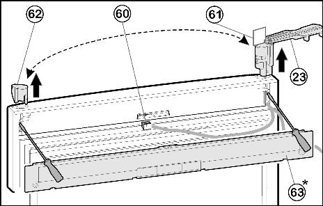 W przypadku urządzeń bez amortyzatora zamykania kontynuować od punktu (patrz 4.1.12). Fig. 21 u Wyczepić osłonę Fig. 21 (63) z drzwi za pomocą śrubokrętu. u Odłączyć wtyk Fig. 21 (60).