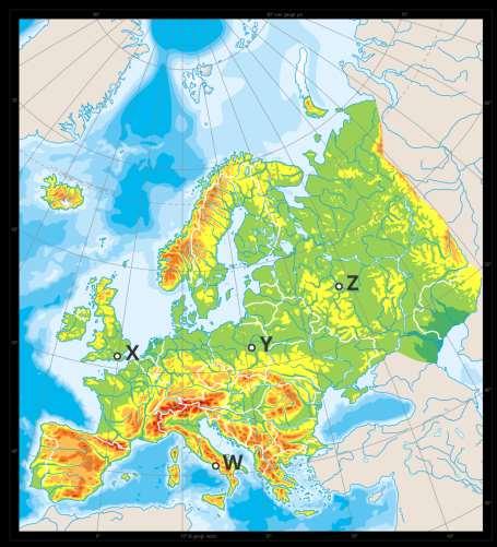 Zadanie 6 (1 pkt) Na mapie Europy zaznaczono cztery stacje klimatyczne. Która z nich leży na obszarze objętym klimatem lądowym (kontynentalnym)? 1. stacja Z 2. stacja X 3. stacja Y 4.