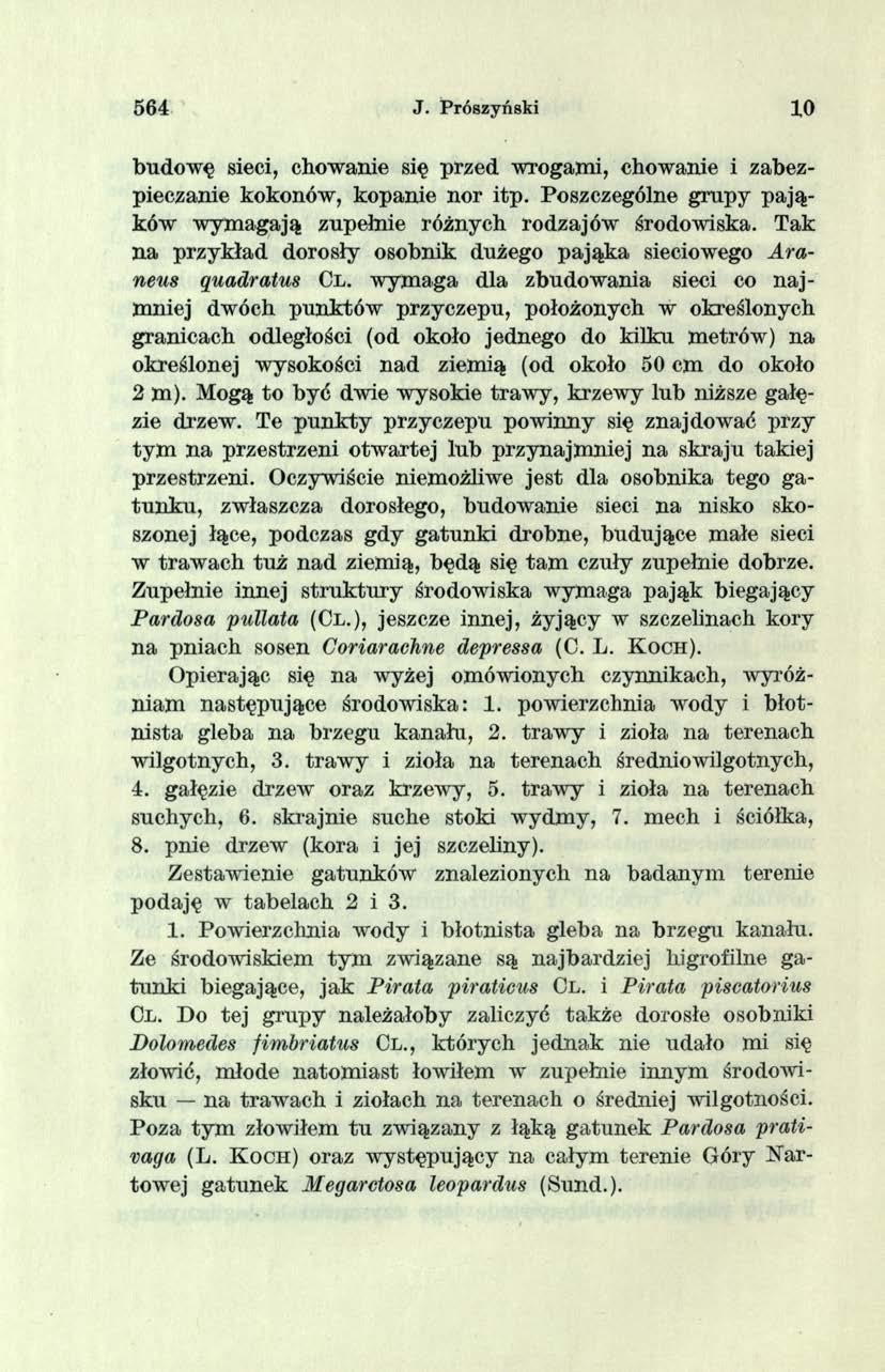564 J. Prószyński 10 budow ę sieci, chowanie się przed wrogam i, chowanie i zabezpieczanie kokonów, kopanie nor itp. Poszczególne g rupy p a ją ków w ym agają zupełnie różnych rodzajów środowiska.