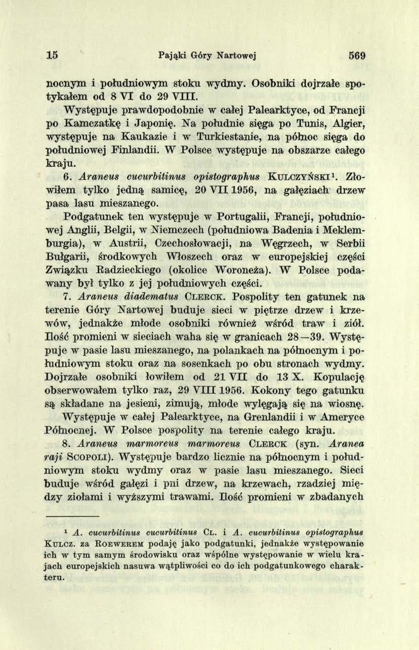 15 Pająki Góry Nart owej 569 nocnym i południow ym stoku w ydm y. Osobniki dojrzałe spotykałem od 8 V I do 29 V III. W ystępuje prawdopodobnie w całej Palearktyce, od Francji po K am czatkę i Japonię.