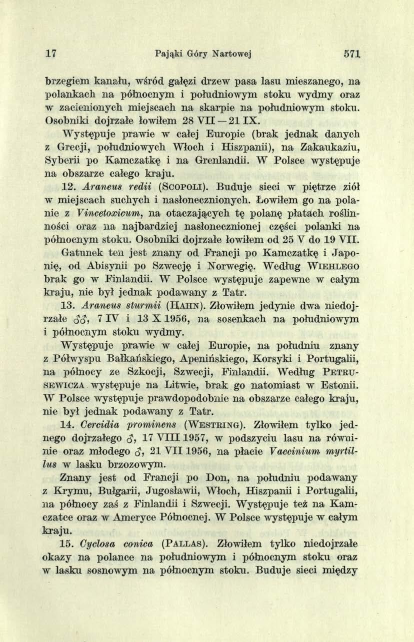 17 Pająki Góry Nartowej 571 brzegiem kanału, wśród gałęzi drzew pasa lasu mieszanego, na polankach na północnym i południowym stoku wydmy oraz w zacienionych miejscach na skarpie na południowym stoku.