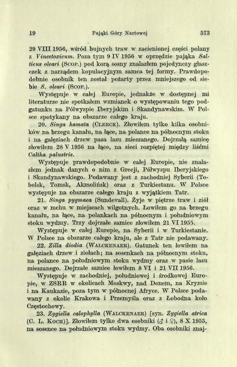 19 Pająki Góry Nartowej 573 29 V I I I 1956, wśród bujnych traw w zacienionej części polany z Vincetoxicum. Poza tym 9 IV 1956 w oprzędzie pająka Salticus oleari (S c o p.