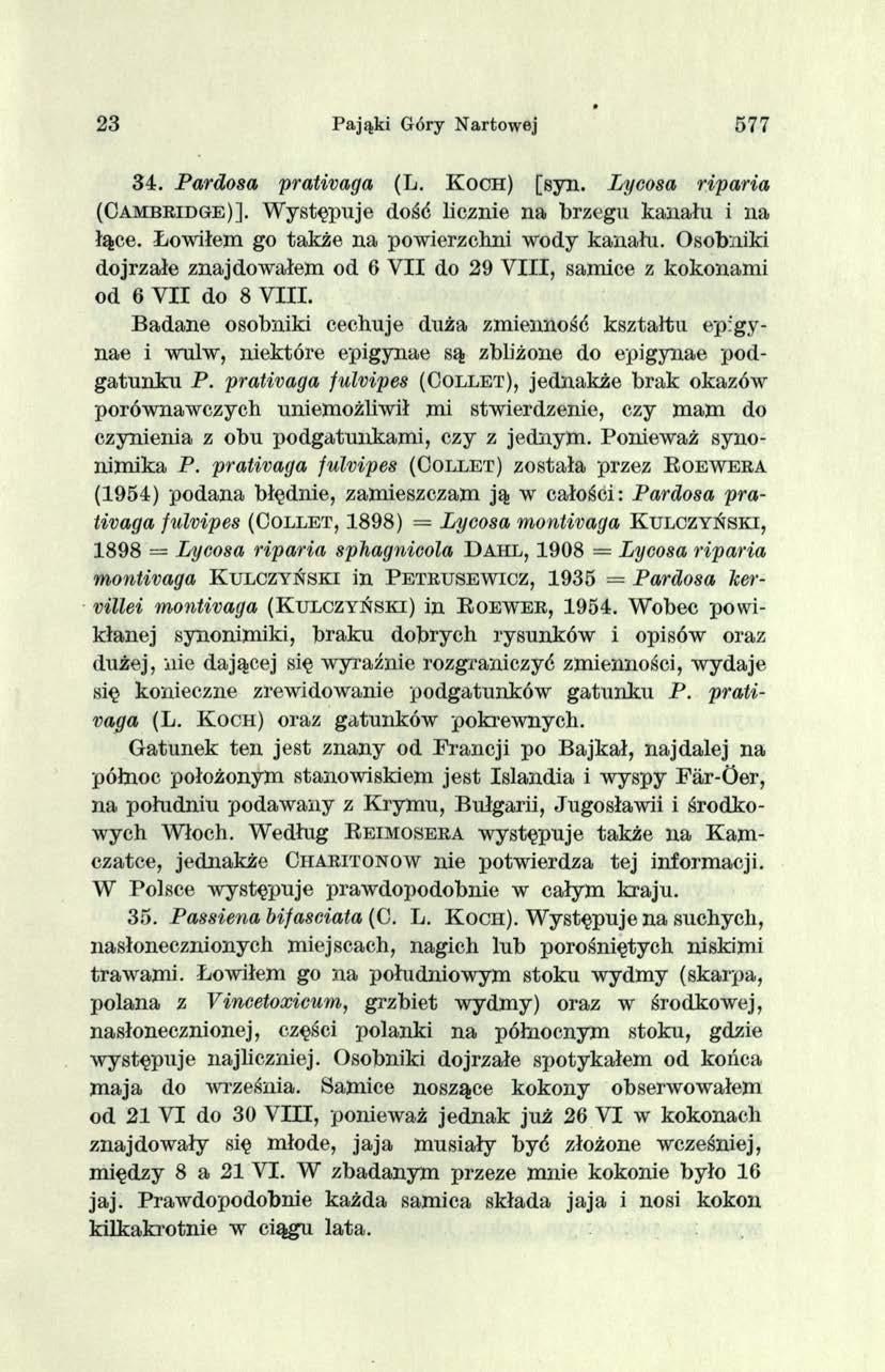 23 Pająki Góry Nartowej 577 34. Pardosa prativaga (L. K o c h ) [syn. Lycosa riparia ( C a m b r i d g e ) ]. W ystępuje dość licznie na brzegu kanału i na łące.