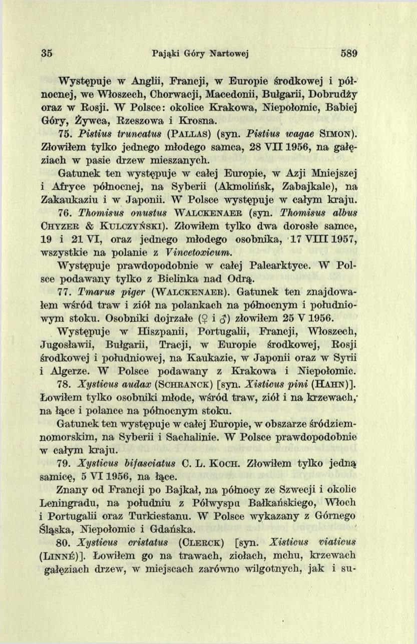 35 Pająki Góry Nartowej 589 W ystępuje w Anglii, F ran cji, w E uropie środkowej i północnej, we Włoszech, Chorwacji, Macedonii, Bułgarii, Dobrudży oraz w Rosji.