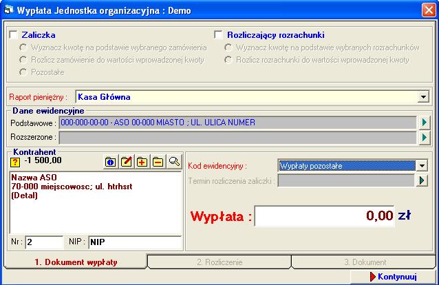3. Tworzenie, edycja oraz zatwierdzanie dokumentów wpłat KW (Kasa Wydała) W celu stworzenia w systemie dokumentu wpłaty naleŝy wywołać wybrany rejestr pienięŝny, a następnie nacisnąć przycisk Wypłata.