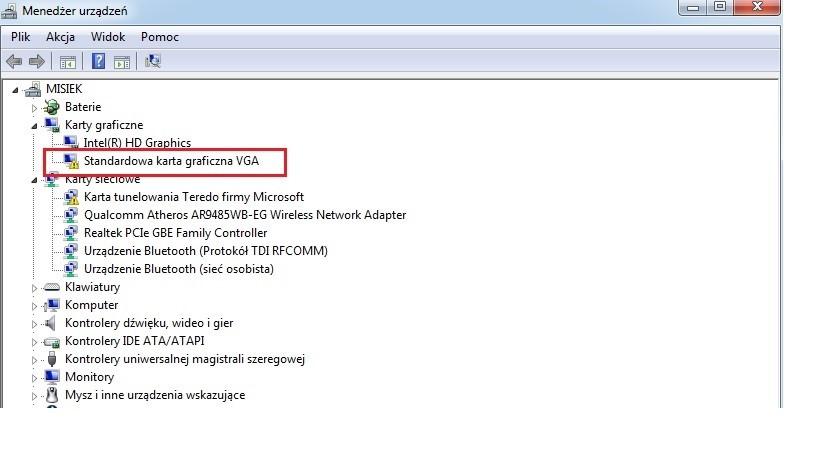 Zadanie 7. Na rysunku przedstawiono komunikat systemowy. Jakie działanie powinien wykonać użytkownik, aby usunąć błąd? Zadanie 8. Podłączyć monitor do złącza HDMI. Odświeżyć okno Menedżer urządzeń.