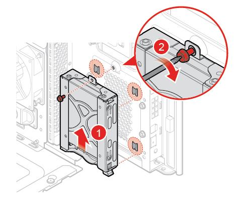 Rysunek 60. Instalowanie zewnętrznego wspornika dysku 7. Podłącz kabel sygnałowy i kabel zasilania od nowego dysku 2,5 cala. 8. Zainstaluj z powrotem usunięte części.