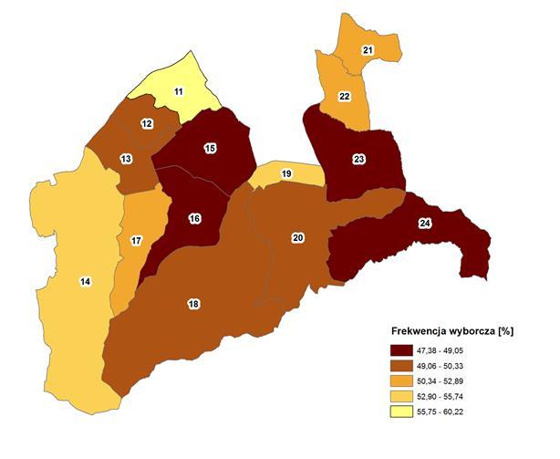 F = w ix i Gdzie: F średnia frekwencja dla jednostki urbanistycznej w liczba mieszkańców uprawnionych do głosowania w komórce l liczba mieszkańców uprawnionych do głosowania w całej jednostce x