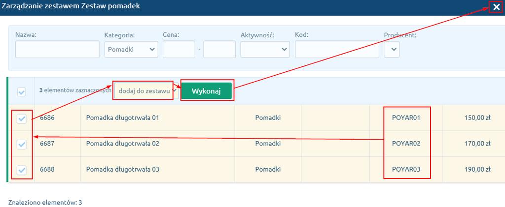 Po zapisaniu zmian, należy dodać produkty w zestawie. Produkty te powinny odpowiadać składnikom kompletu z Subiekta GT. W tym przypadku będą to trzy pomadki o symbolach: POYAR01, POYAR02 oraz POYAR03.