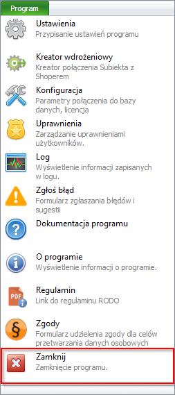 7.1.11 Zamknij Wybranie tej opcji spowoduje